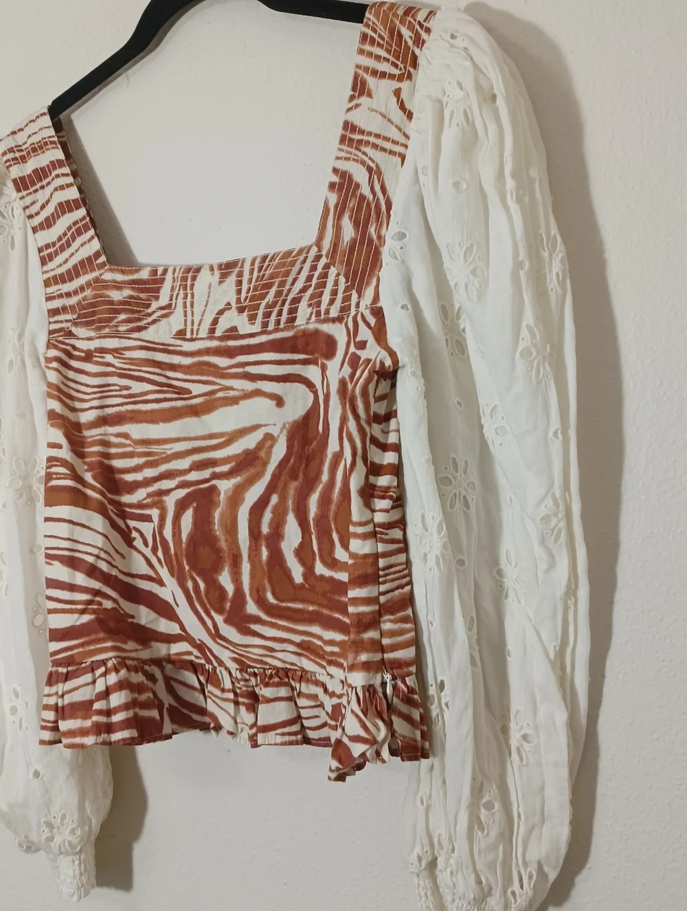 Anthropologie Love the Label Smocked Eyelet Puff Sleeve Blouse Zebra Print